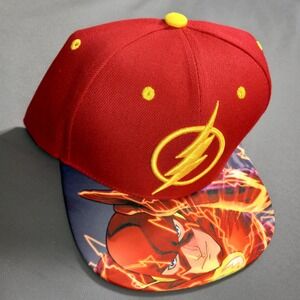 The Flash DC Comics Six Flags Snapback Hat Red Yellow Lightning Bolt Flat Brim